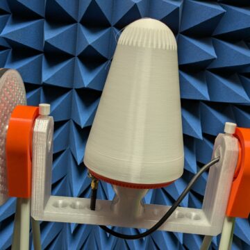 IceConeFeed S-Band 2490 MHz mounted on measurement fixture inside anechoic chamber for qualification
