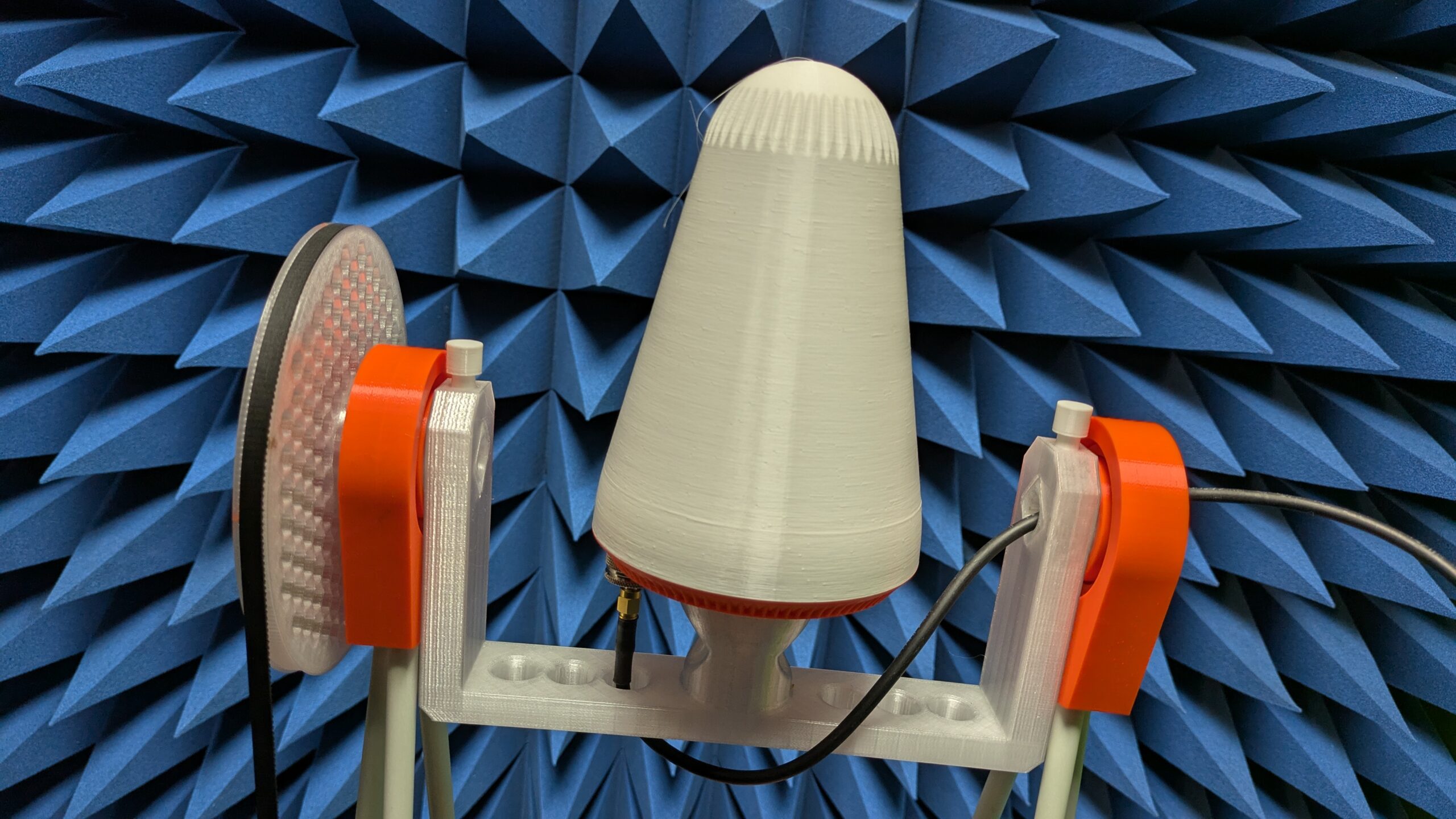 IceConeFeed S-Band 2490 MHz mounted on measurement fixture inside anechoic chamber for qualification