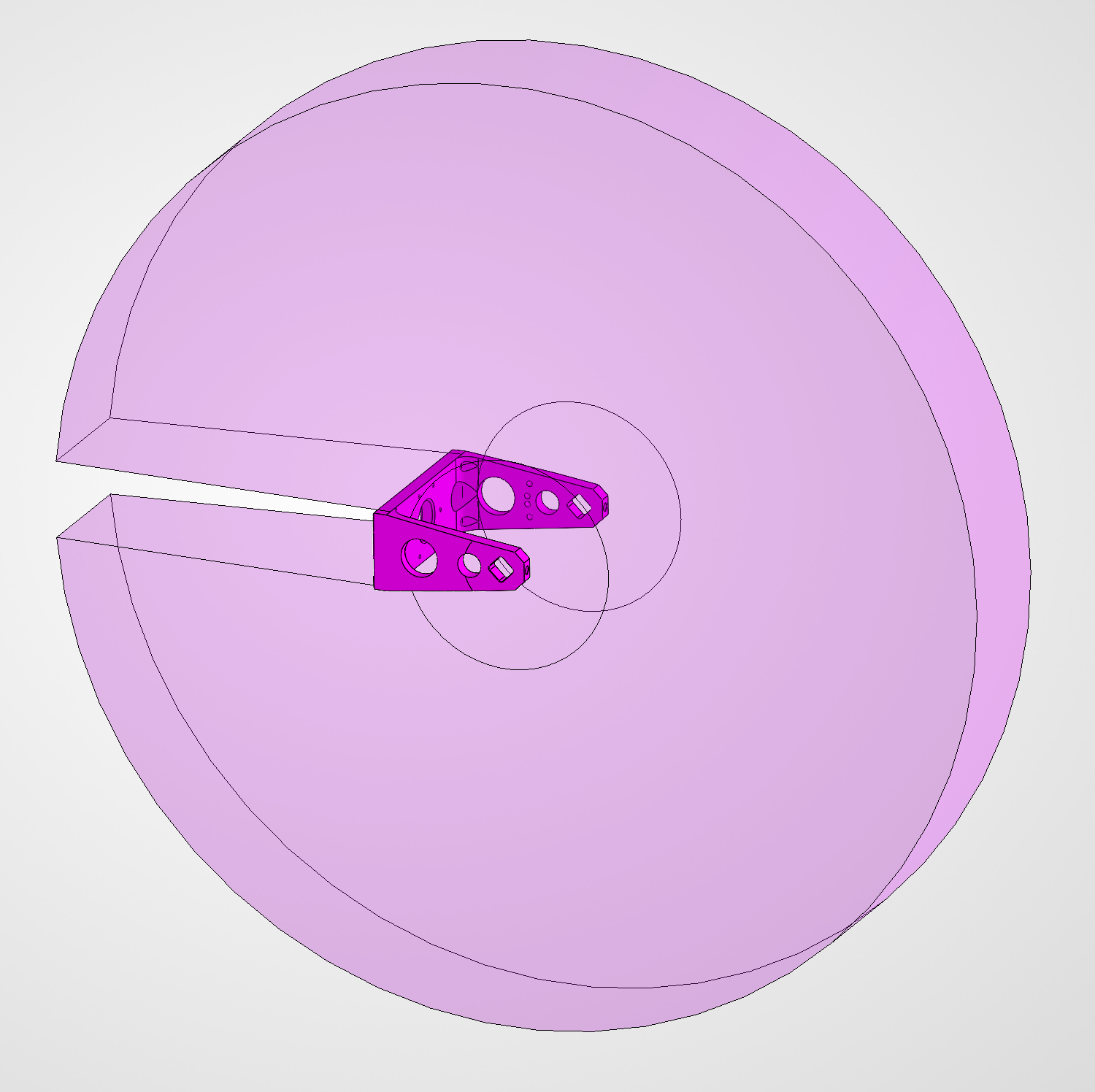 Bracket and the swept-volume envelope of the maximum AUT that fits in the tracker during a full sphere sweep, shown in assembled view.