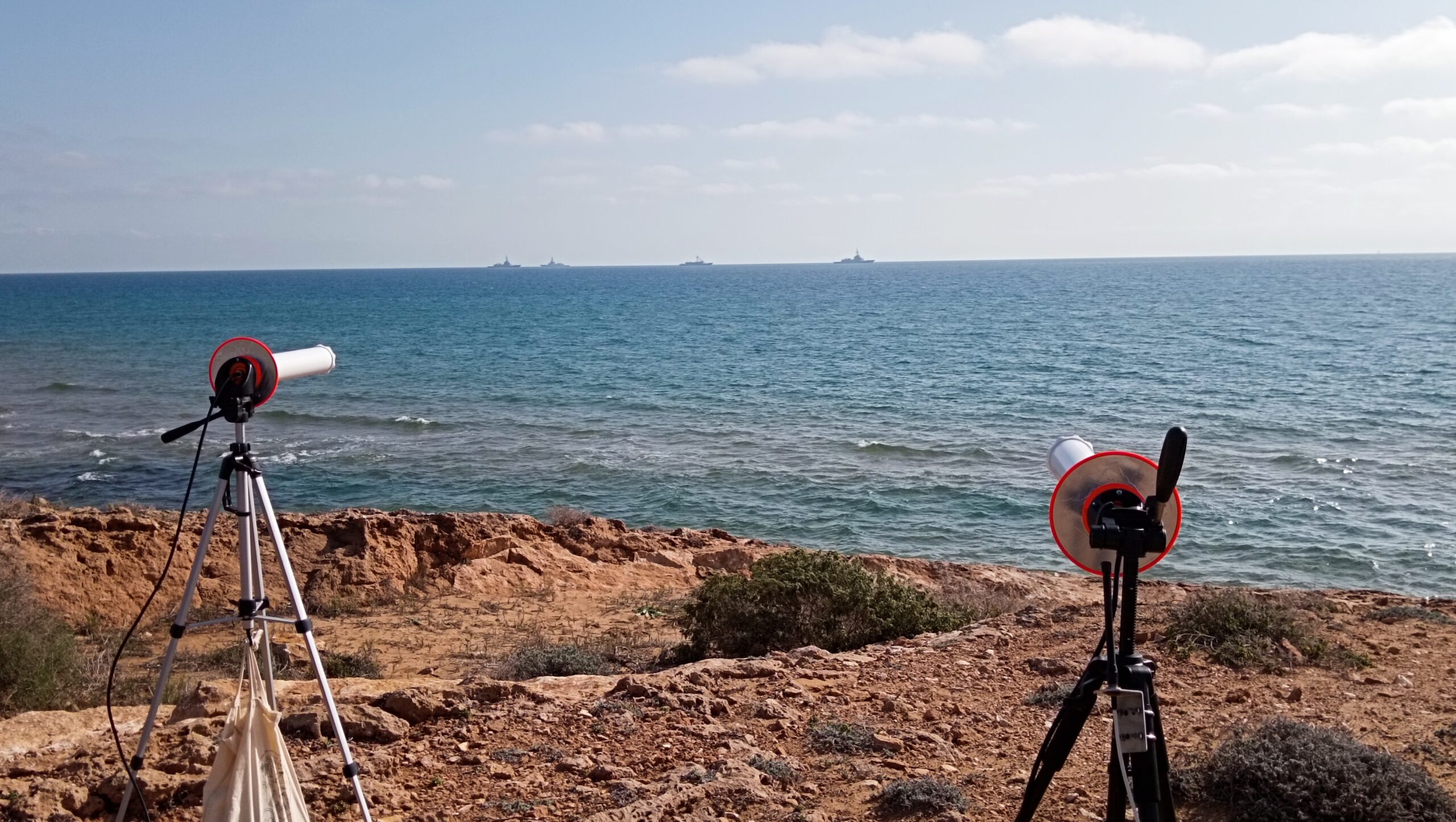 Two Nolle L-band helices aimed seaward during a naval exercise
