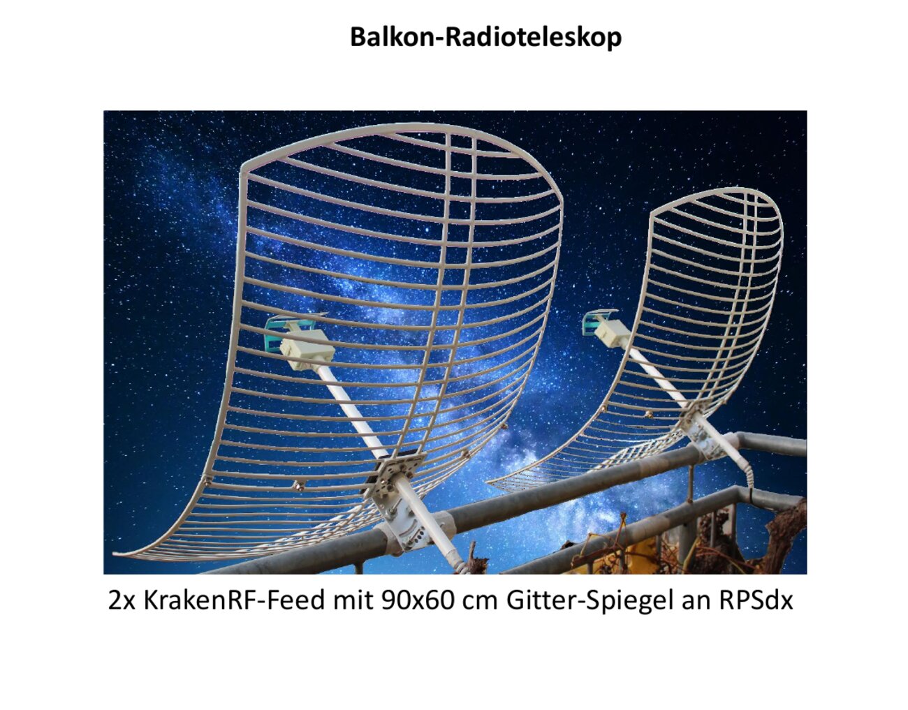 Two KrakenRF feeds on a 90x60 cm grid dish, Volker's earlier balcony radio telescope