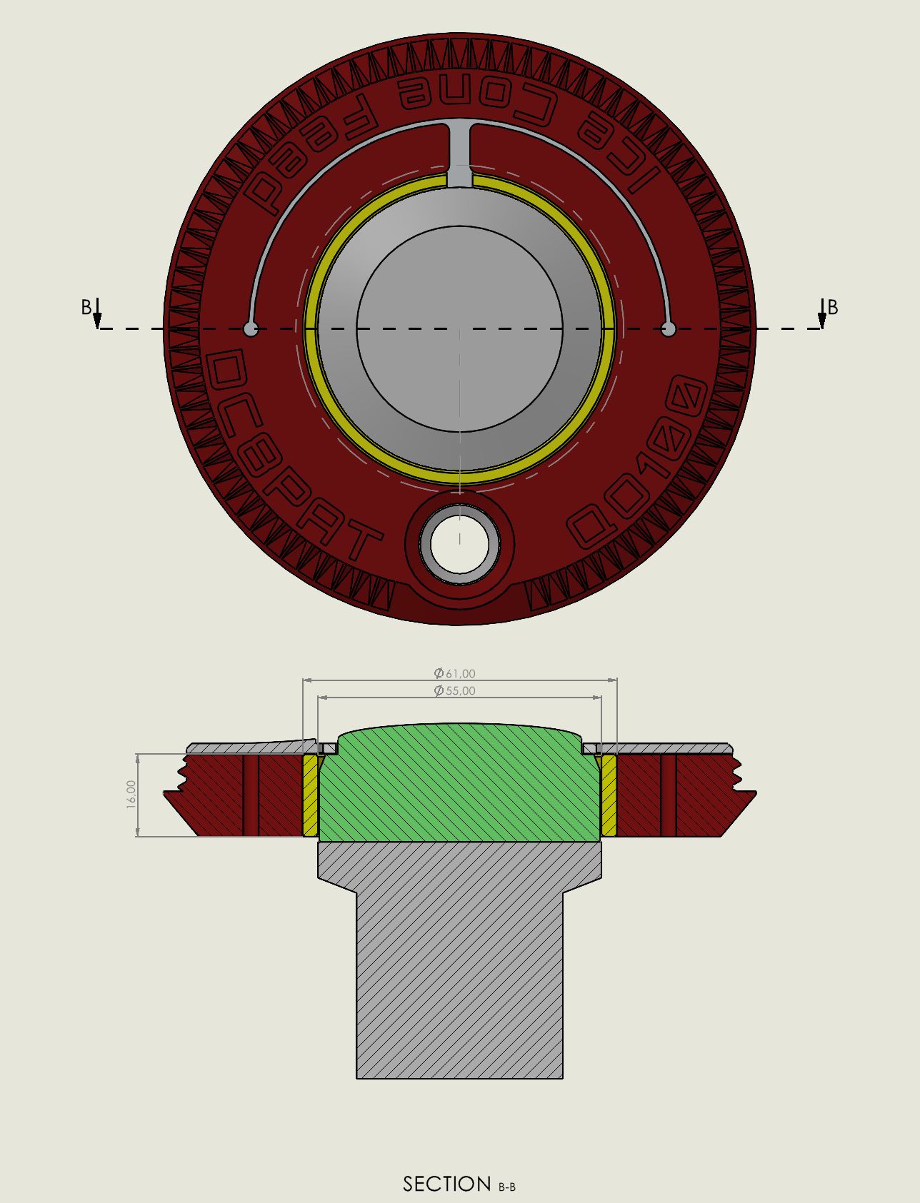 Section view of an IceConeFeed base plate with an LNB and adapter ring, dimensioned: 61 mm fixed outer diameter (the base-plate hole), 55 mm inner diameter (the LNB neck) and 16 mm ring width.