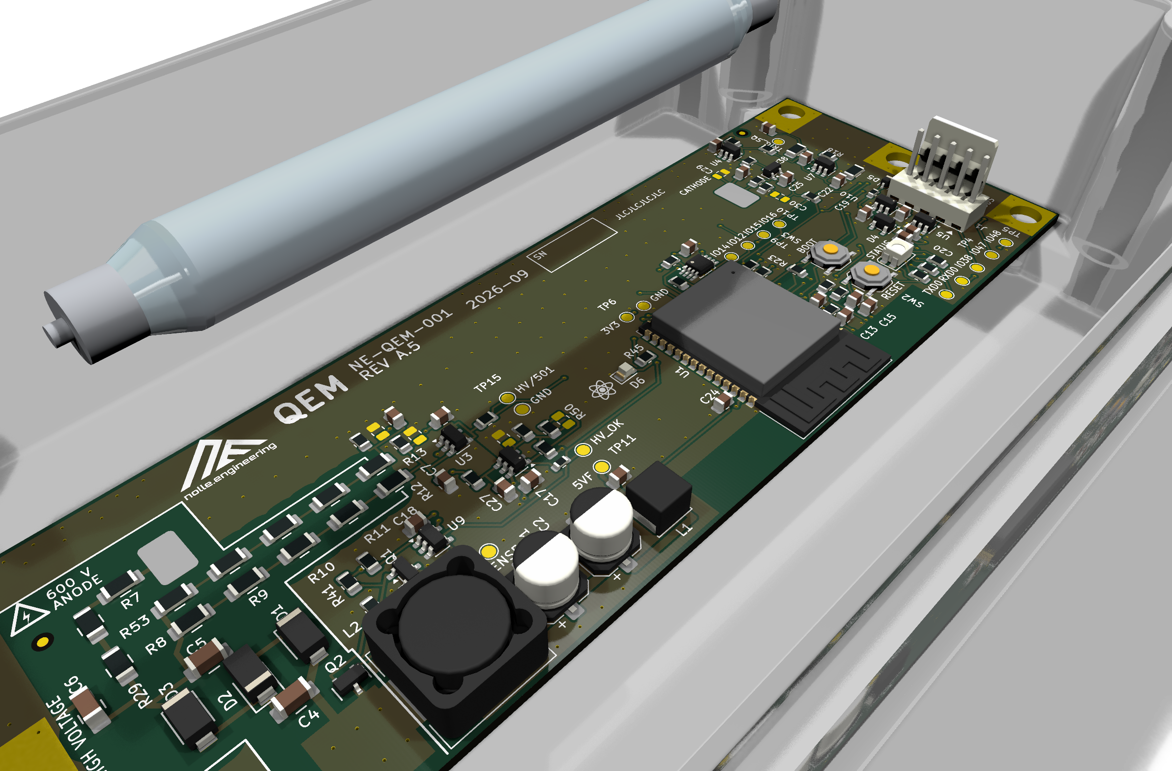 Custom circuit board for the Quantum Entropy Module, 3D render