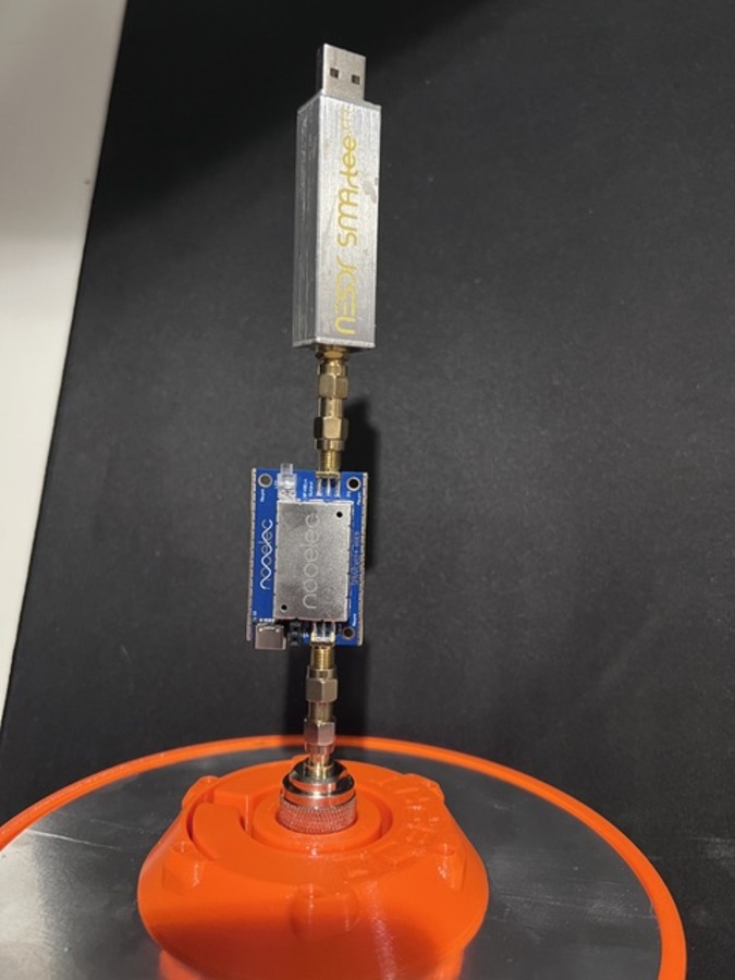 SAWbird GEOS LNA and NESDR SMArTee mounted on the feed N connector
